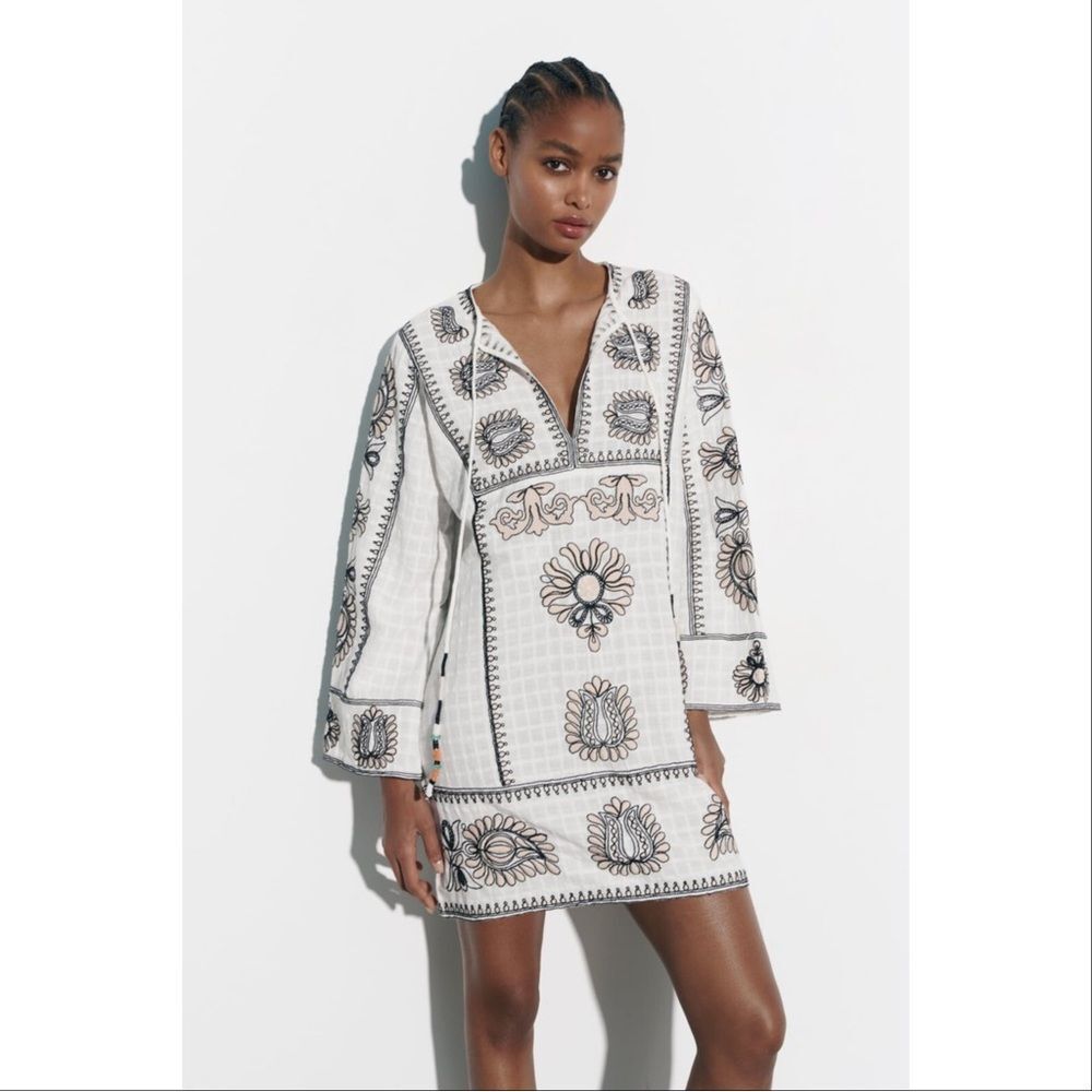 Zara Boho Embroidered Textured Cotton Tunic Shift Mini Dress White Tan Black XS
